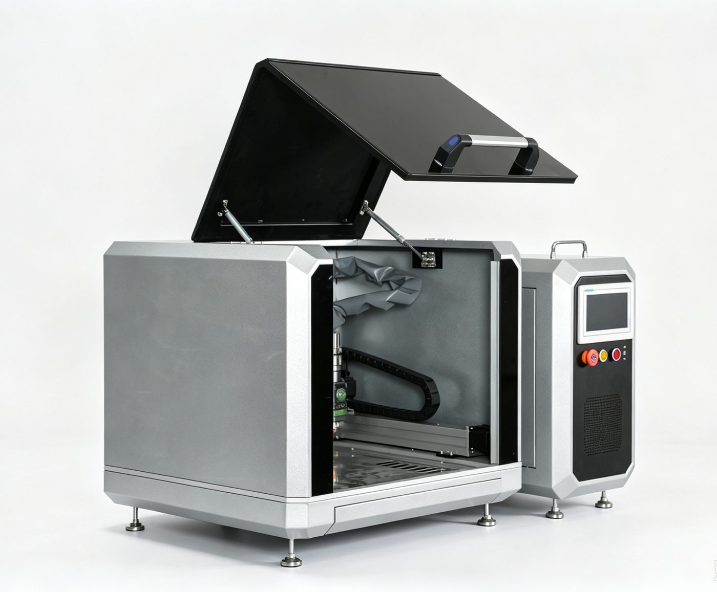 Desktop laser cutting machine with its safety cover open