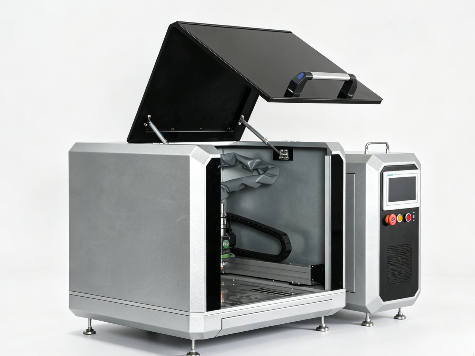 Desktop laser cutting machine with its work cover open